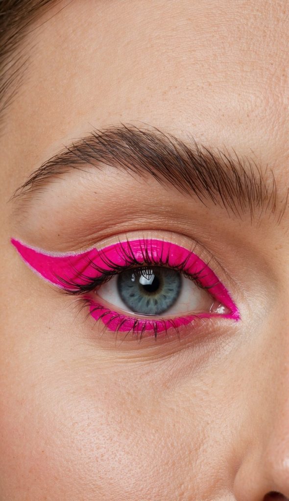 Close-up of an eye with striking bright pink eyeliner forming a bold wing shape, contrasted against a light skin tone and featuring long lashes and a blue iris.