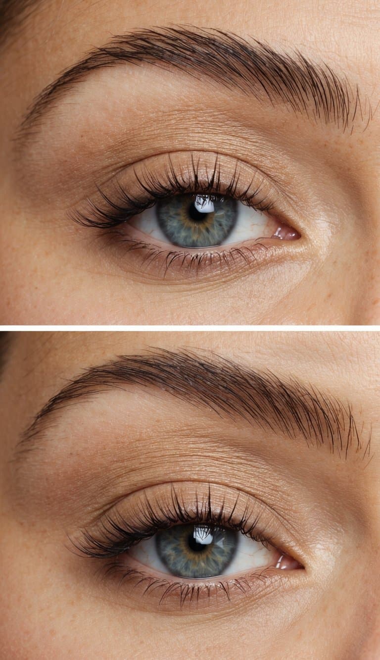 A close-up of an eyelid with soft matte eyeshadow in a sandy beige color, blending seamlessly into the skin