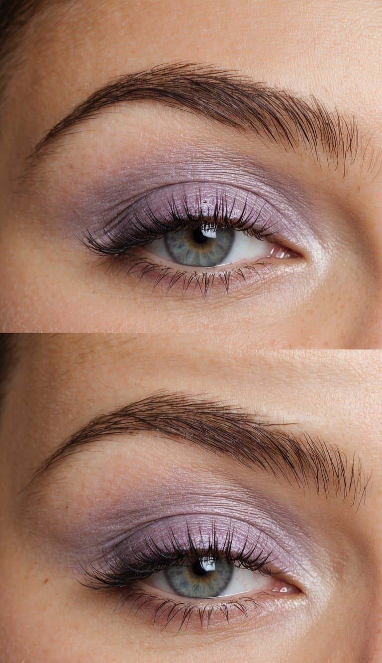 Soft lilac eyeshadow brushed lightly over eyelids with a subtle matte finish