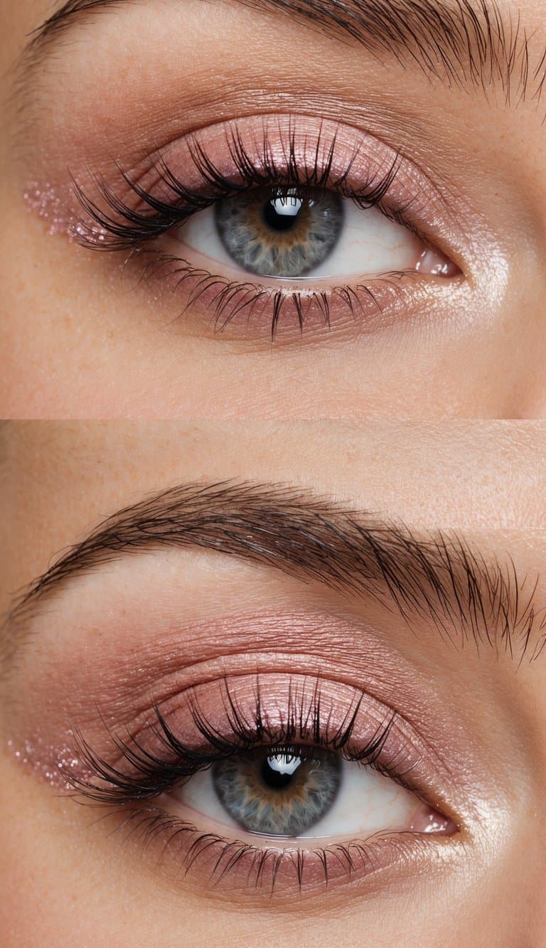 Soft pink eyeshadow blending into neutral tones, with a hint of shimmer on the inner corner