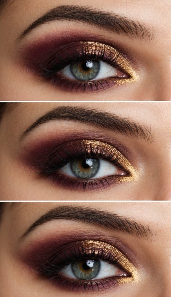 Three close-up images of an eye showcasing dramatic eye makeup, featuring deep burgundy eyeshadow blended with golden shimmer along the eyelid and lower lash line, enhanced with thick eyelashes and well-groomed eyebrows.