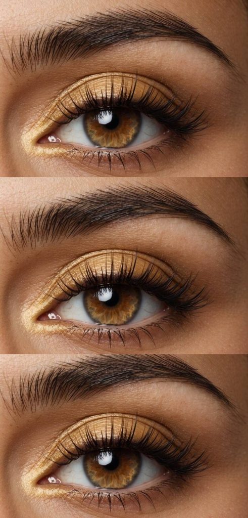 A close-up of a brown eye with golden honey eyeshadow, framed by long lashes against a neutral background