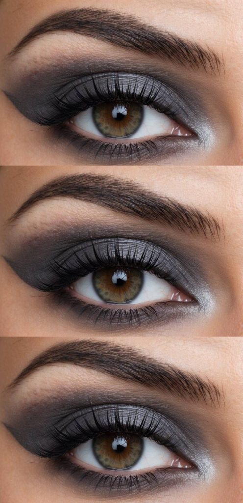 A close-up of a brown-eyed model with stunning slate gray eye makeup, showcasing various eye makeup looks