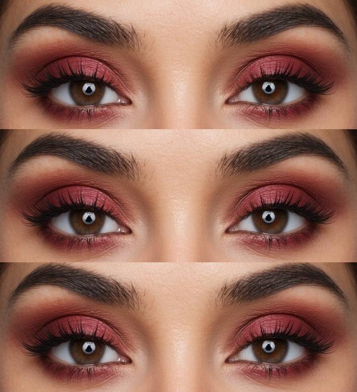 A close-up of a brown-eyed model with matte brick red eye makeup, showcasing the stunning eye makeup look