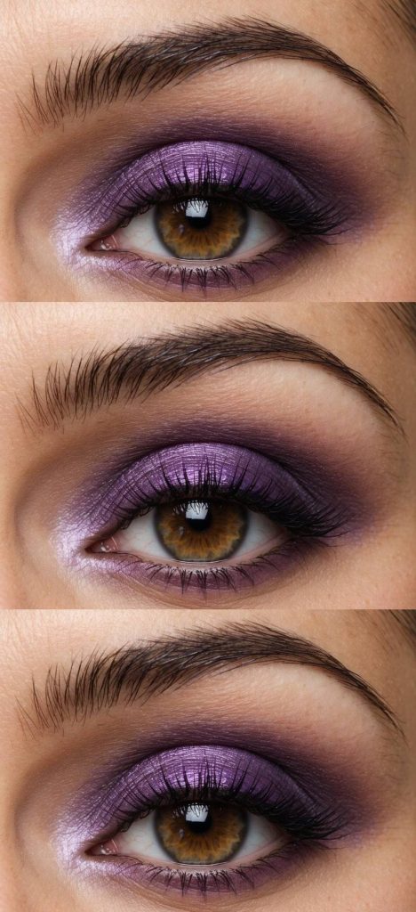 A close-up of a mesmerizing eye with purple haze eyeshadow, accentuating the warm brown iris