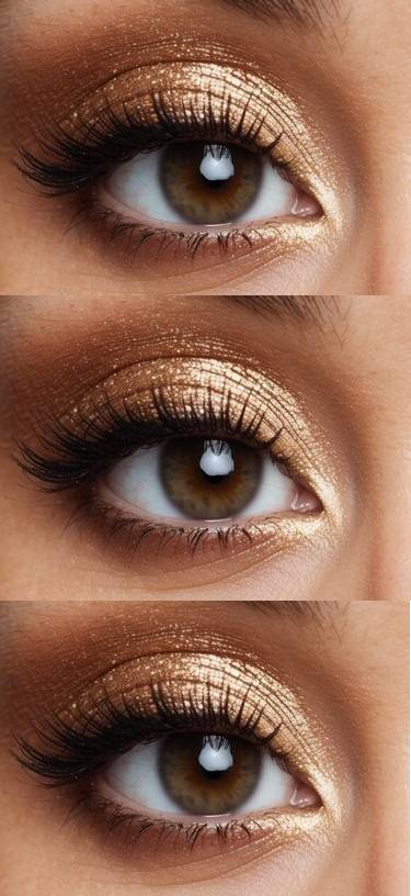 A close-up of brown eyes adorned with champagne shimmer eye makeup, reflecting light and radiating elegance