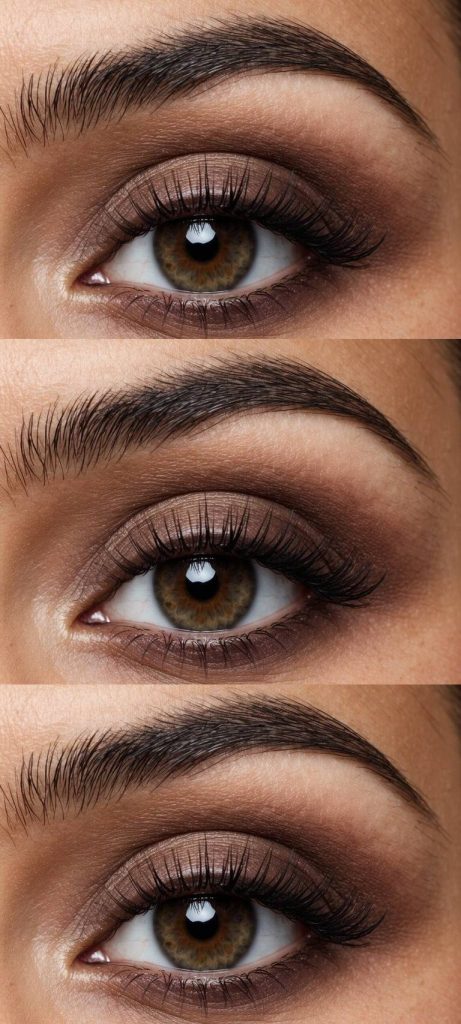 A close-up of brown eyes with subtle chocolate shades of eye makeup, highlighting the natural beauty of the eyes