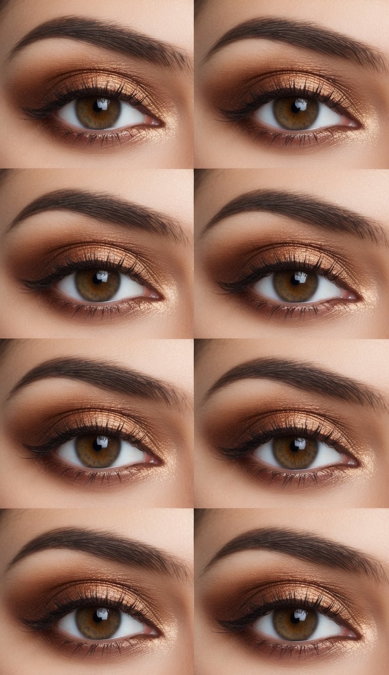A close-up of a pair of brown eyes with a stunning blend of bronze and copper eye makeup, showcasing 50 different eye makeup ideas